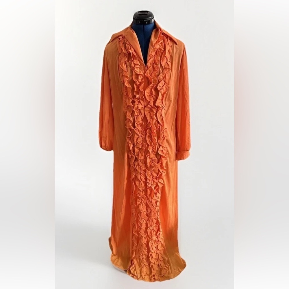 vintage 70s 80s orange zip up chiffon ruffle pleated maxi dress